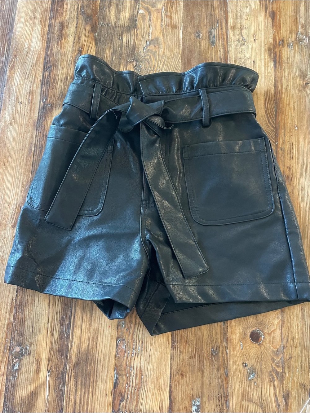 High-Waist Faux Leather Paperbag Shorts with Belt — Black